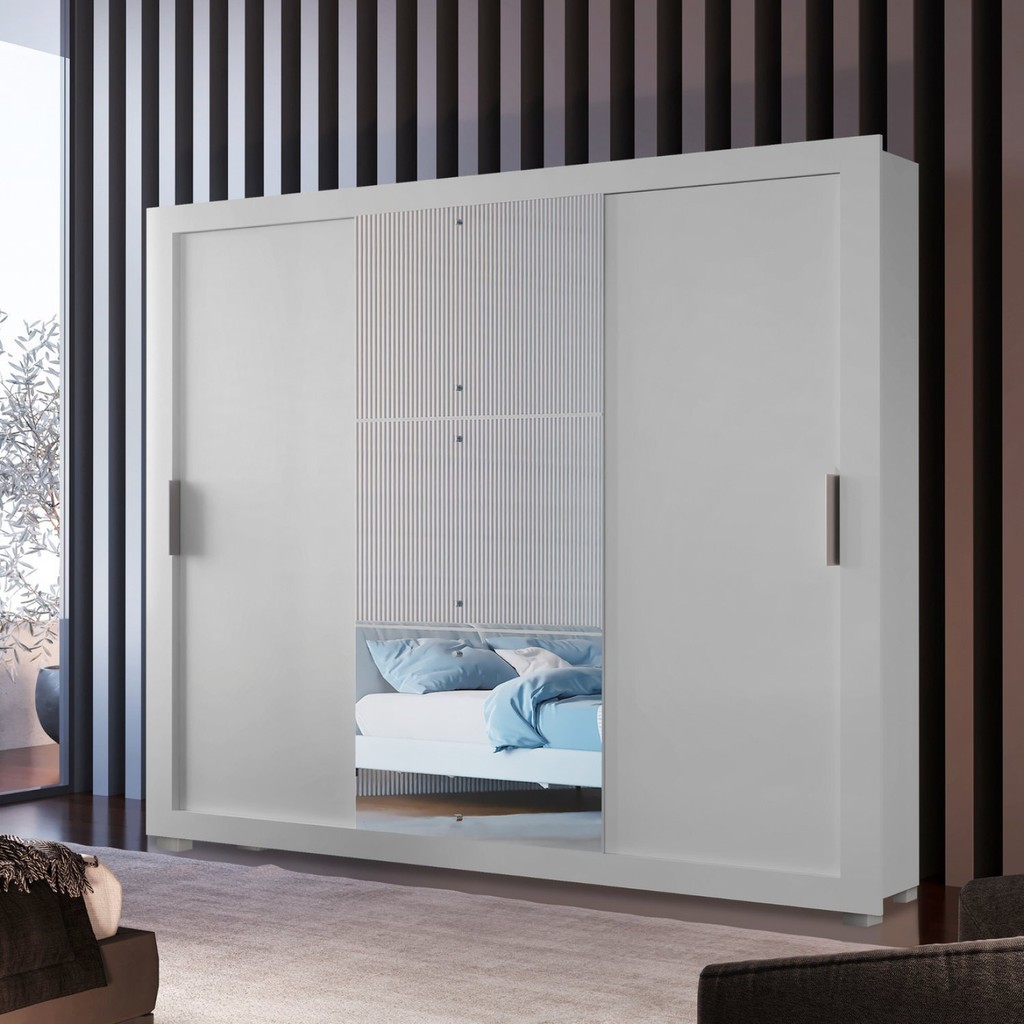 Guarda Roupa Casal 3 Portas 4 Gavetas MDF com Pés e Espelho Betha Branco - Mom & Baby