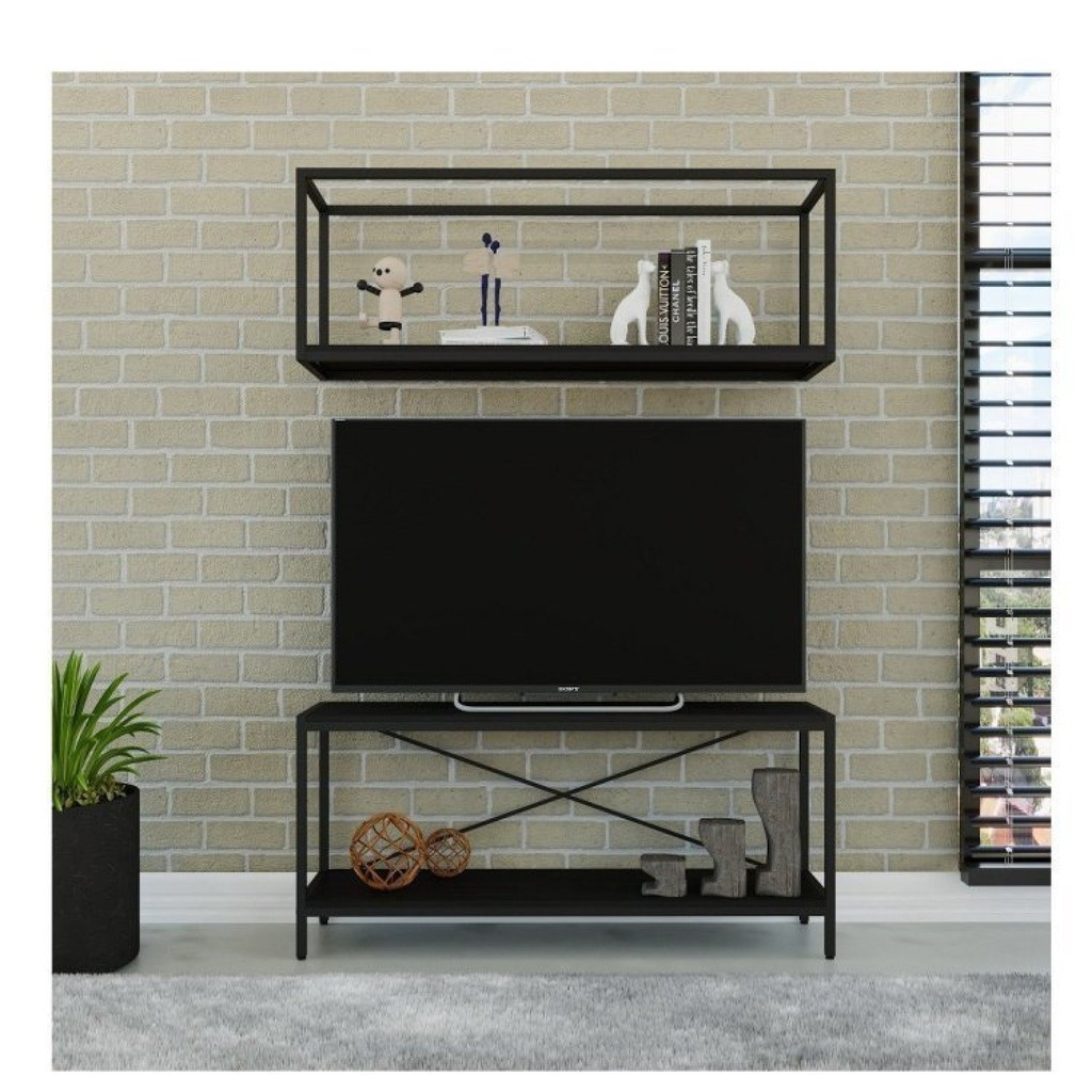 Rack para TV até 50 Polegadas 1 Nicho Aéreo Estilo Industrial Active Yescasa Preto Onix Preto Onix