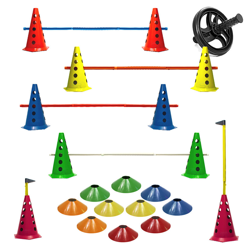 Kit 10 Cones C/ 5 Barreira Funcional + 10 Pratos + Roda Funcional Abdominal