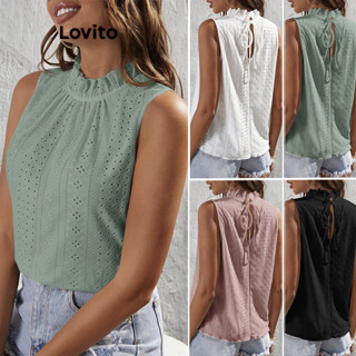 Lovito Regata feminina casual geométrica com renda e babados LNE52375