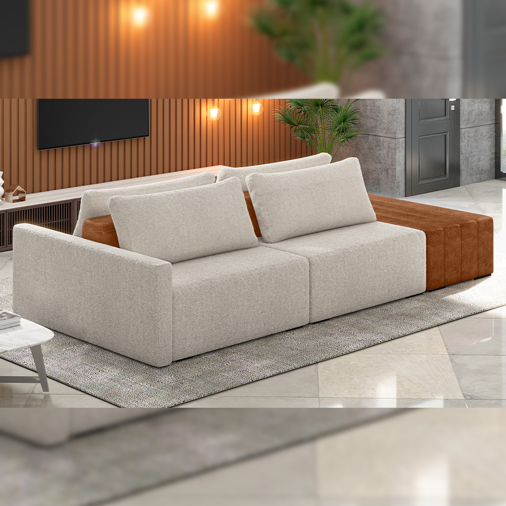 Sofá Ilha Modular Para Sala 232cm com Puff Dublin K01 Bouclê Creme Sintético Caramelo - Lyam Decor