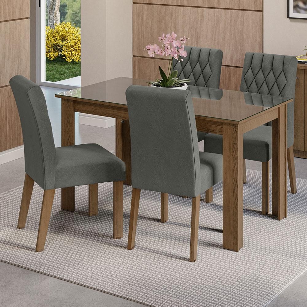 Conjunto Sala de Jantar Mesa Tampo de Vidro 4 Cadeiras Rustic/Silver Celina Madesa - Home & Living