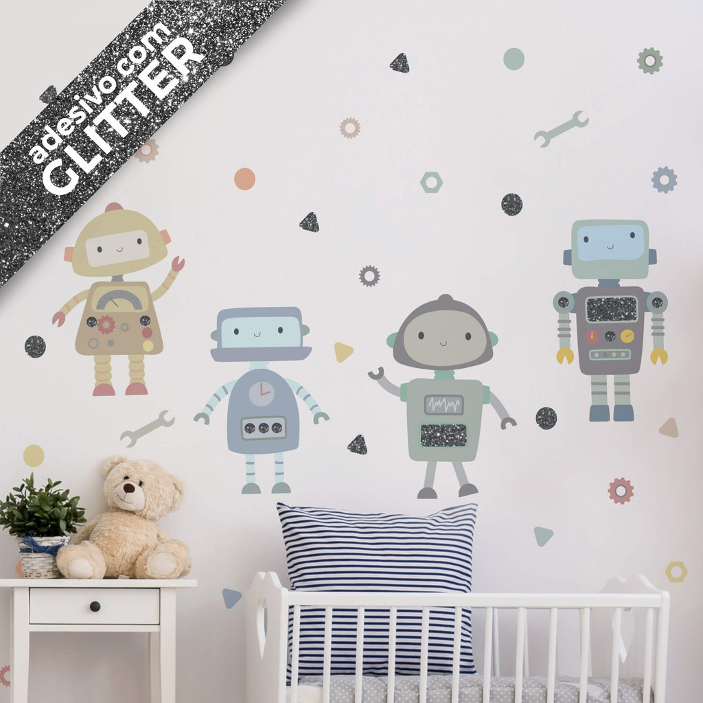 Adesivo para Quarto de Menino Robôs Infantil com Glitter