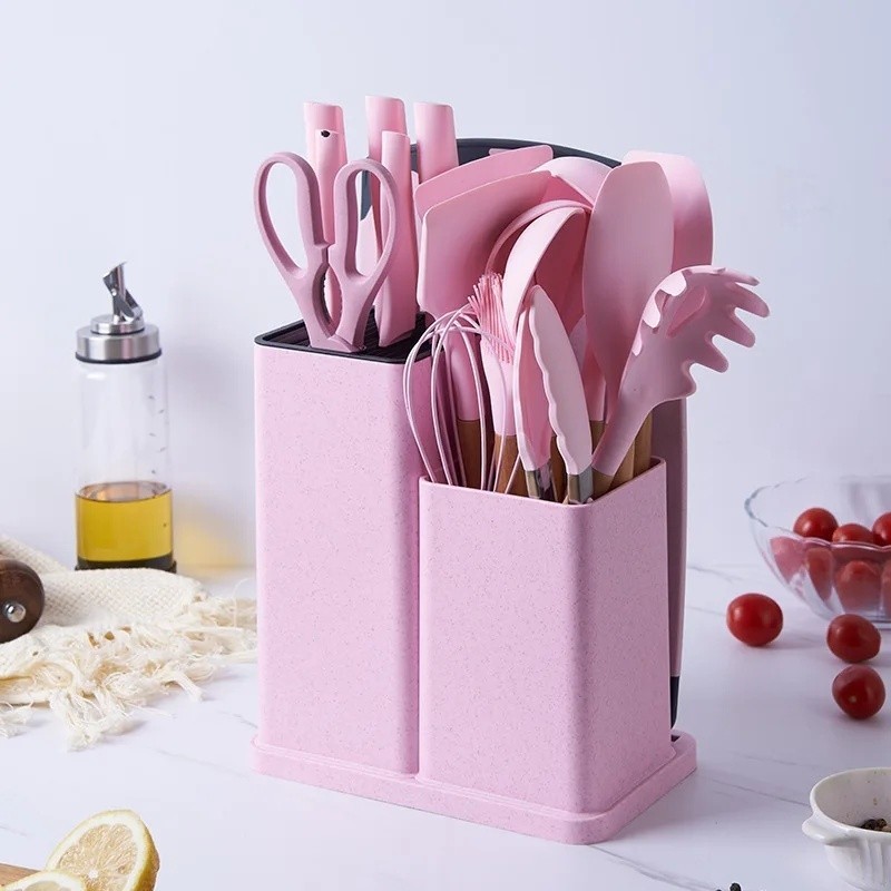 Utensílios De Cozinha De Silicone Conjunto 19Peças  Panelas Antiaderentes, Espátula, Pá, Batedores De Ovos, Cabo De Madeira, Ferramenta De Cozinha