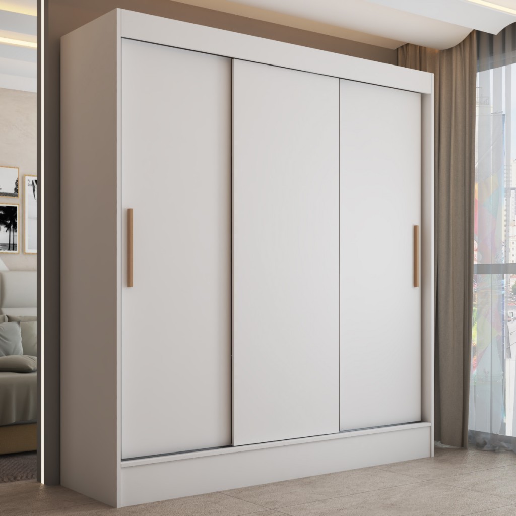 Guarda-Roupa Solteiro Atlanta 3 Portas de Correr 2 Gavetas Branco - Panorama Móveis em Oferta na Shopee