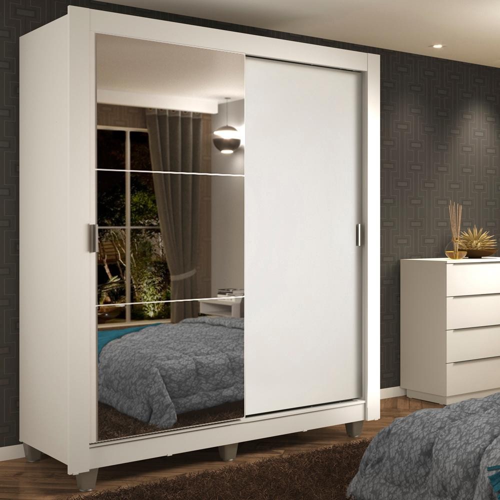 Guarda-Roupa Solteiro Madesa Dallas 2 Portas de Correr com Espelho 2 Gavetas com Pés - Branco - Home & Living