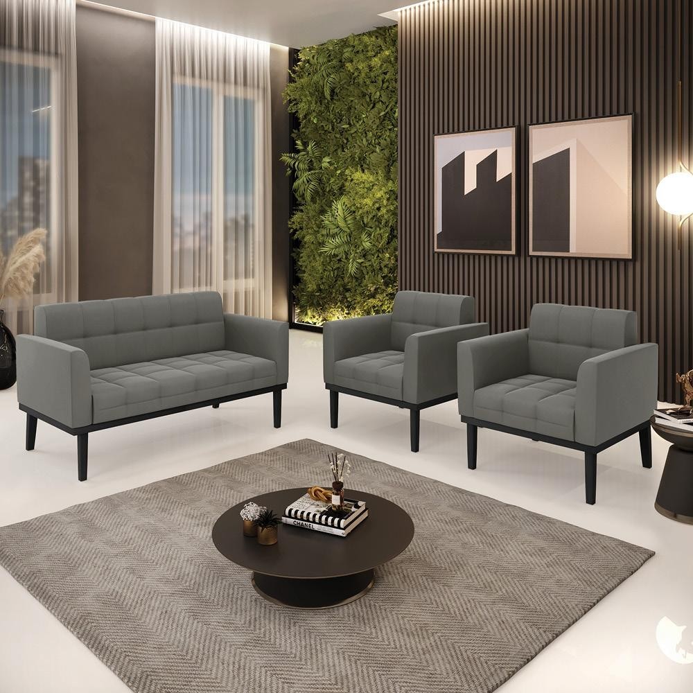 Conjunto 2 Poltronas e 1 Namoradeira Decorativa Karen Pés Fixo em Madeira Preto Suede Grafite G19 - Gran Belo