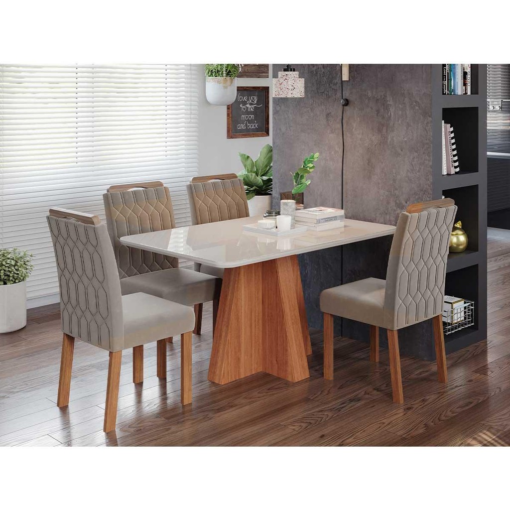 Conjunto de Mesa de Jantar Tampo de Vidro Off White Maitê 1,30 e 4 Cadeiras Paola WOOD Cinamomo/Madeira/Joli