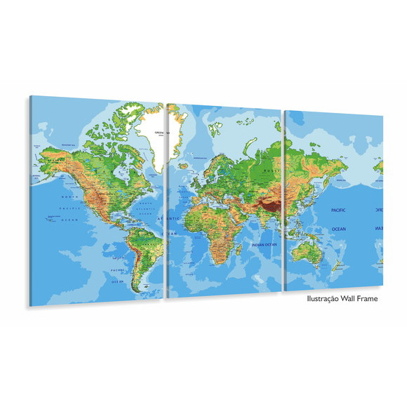Quadros Decorativo Mosaico 30x50 3 peças Mdf Alta Resolução Full HD Mapa Mundi Color