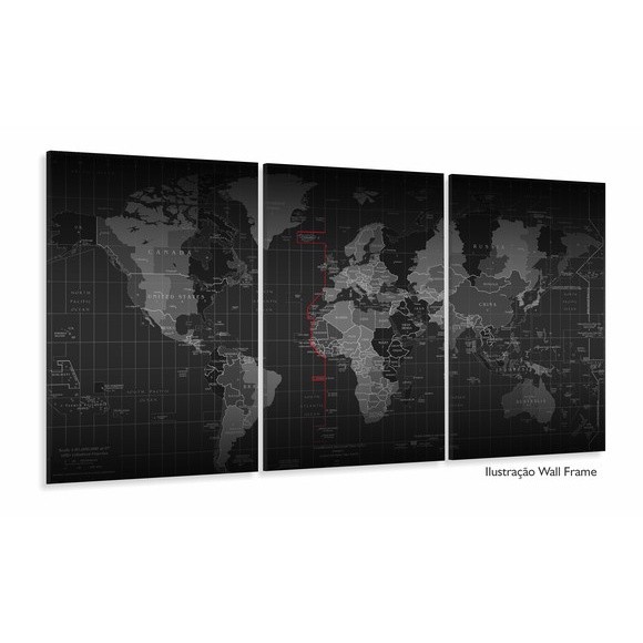 Quadros Decorativo Mosaico  3 peças Mdf Alta Resolução Full HD Mapa Mundi Geografico