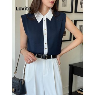 Lovito Blusa casual lisa colorblock para mulheres LNE70814 em Oferta na Shopee