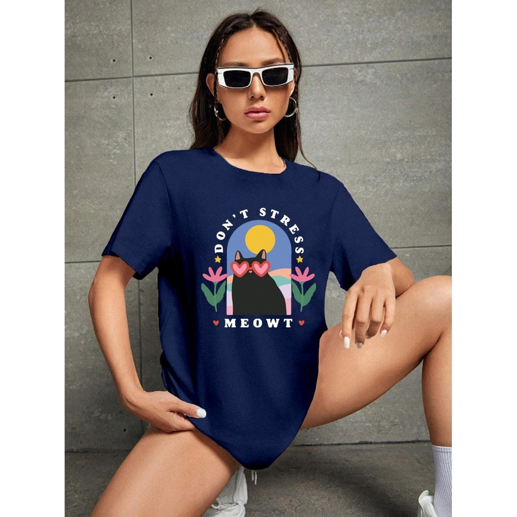 Camiseta Oversized Feminina Aesthetic Estampada Don't Stress Meowt Flores Gato Coração Blusa T-Shirt