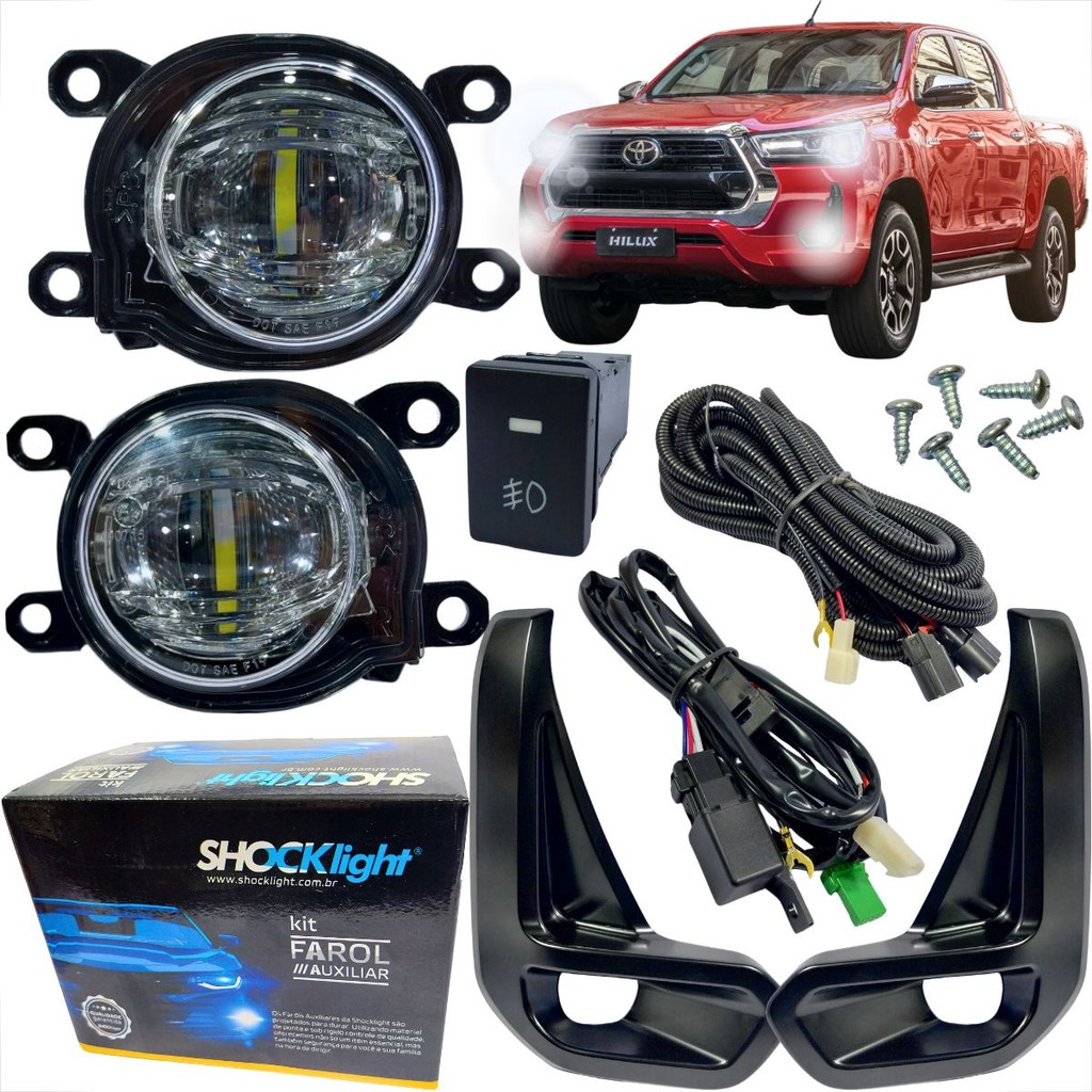 KIT FAROL DE MILHA AUXILIAR TOYOTA HILUX DE 2021 À 2025 FAROL EM LED MOLDURA PRETA BOTÃO MODELO ORIGINAL