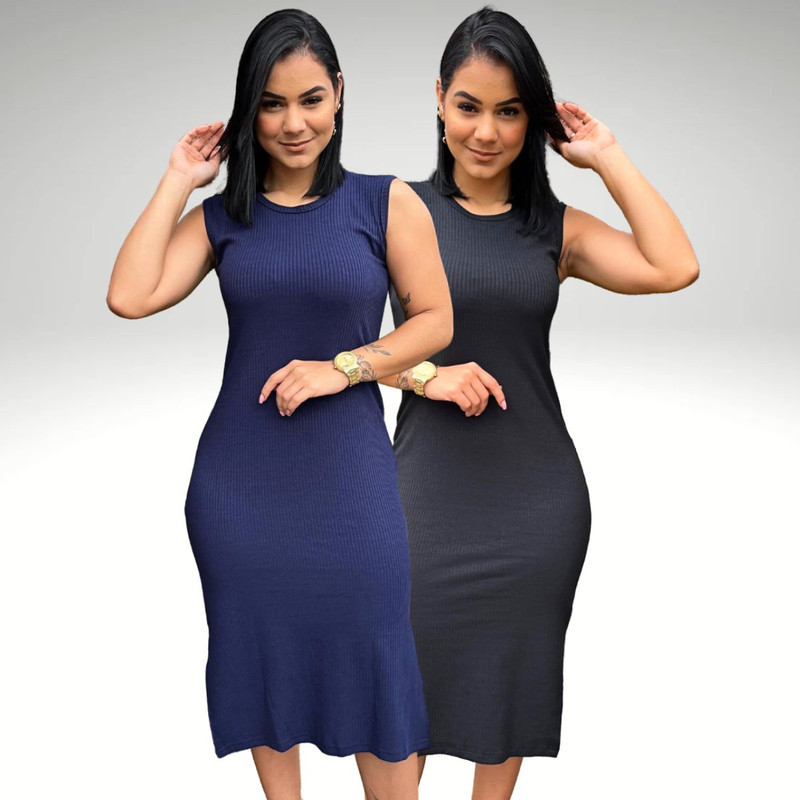 Kit 2 Vestido Canelado Midi Tubinho Regata Com Fenda Lateral