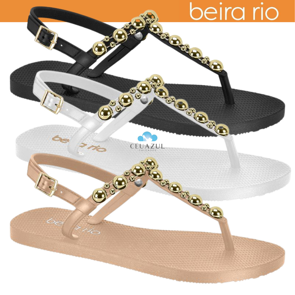 Sandália Feminina Rasteira Beira Rio Pedraria Dedo Ultraconforto Metalizada Gaspea