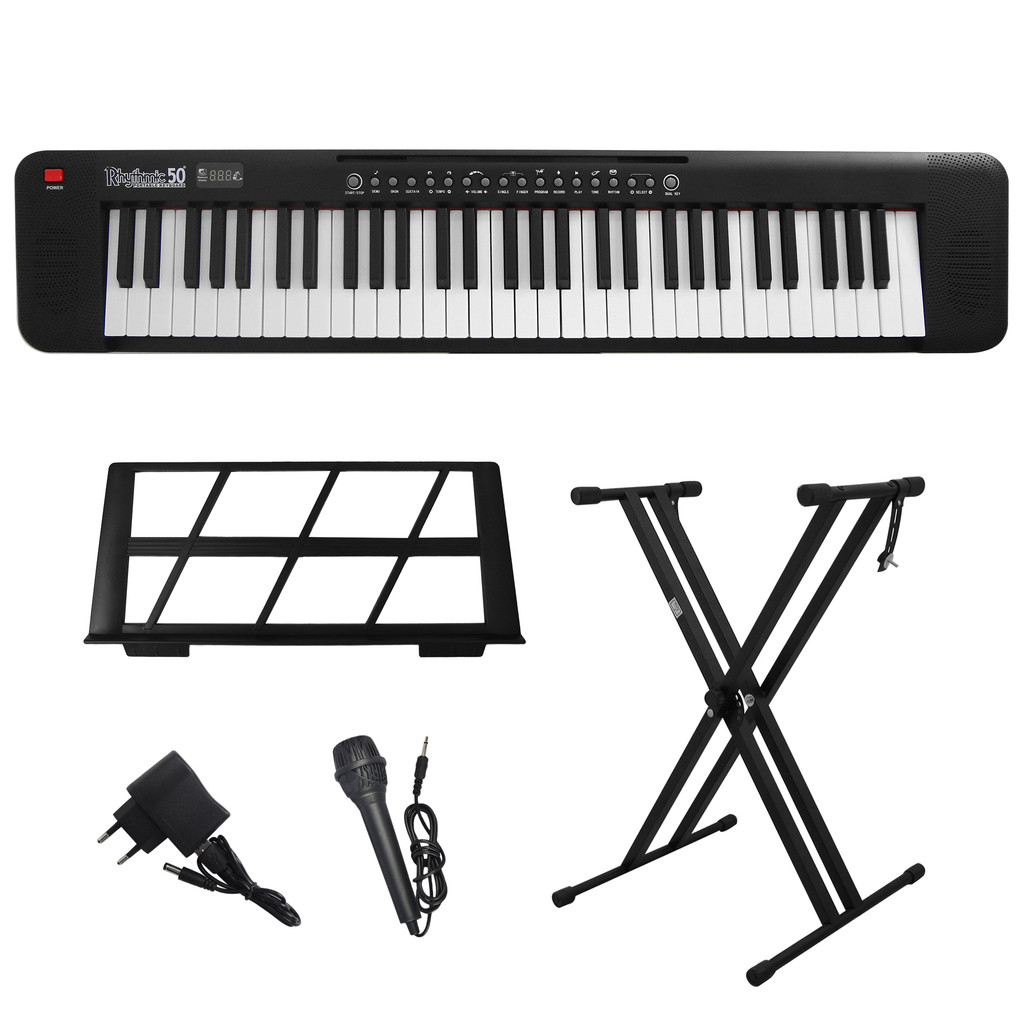 Kit Teclado Musical Portátil 61 Teclas Rhythmic 50 Preto com Suporte em X
