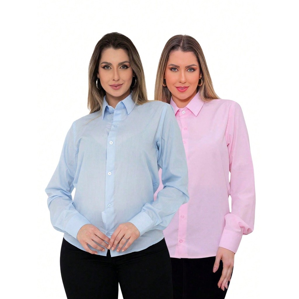 KIT Feminino 2 Peças - Camisa Social Manga Longa Slim Lisa Azul Bebê e Camisa Social Manga Longa Slim Lisa Rosa