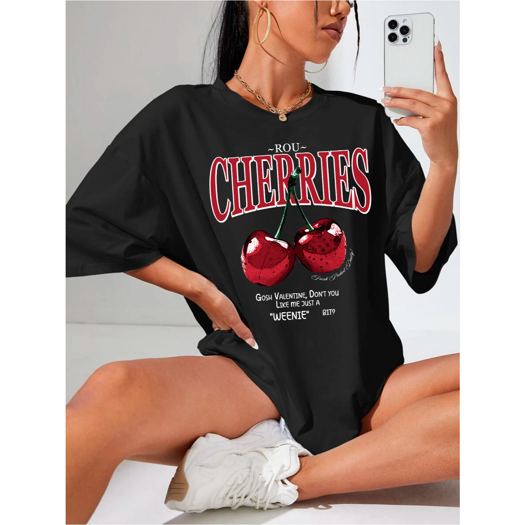 Camiseta Cherries Cereja Feminina Camisetão Moda Blogueira Cherry Tendência Algodão Confortavel Oferta