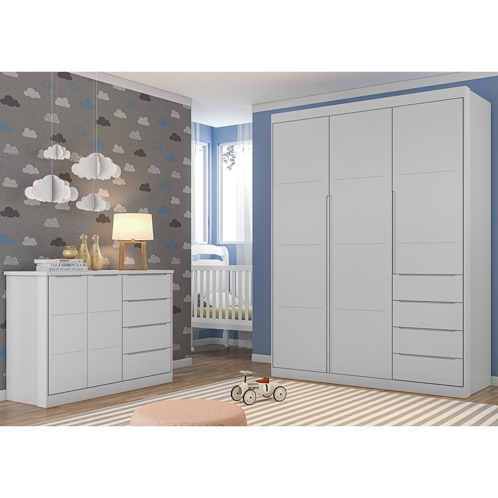 Jogo de Quarto Infantil Guarda Roupa 2 Portas e Cômoda 4 Gavetas Lua P04 Cinza - Mpozenato