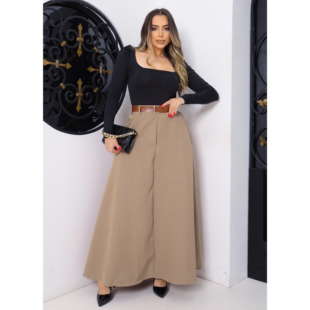 Saia Tecido de Alfaiataria Bege Creme Longa com Cinto Marrom Viscose lisa Godê Evasê Rodada Transpassada social 3 marias moda evangélica Elegante Congresso Igreja