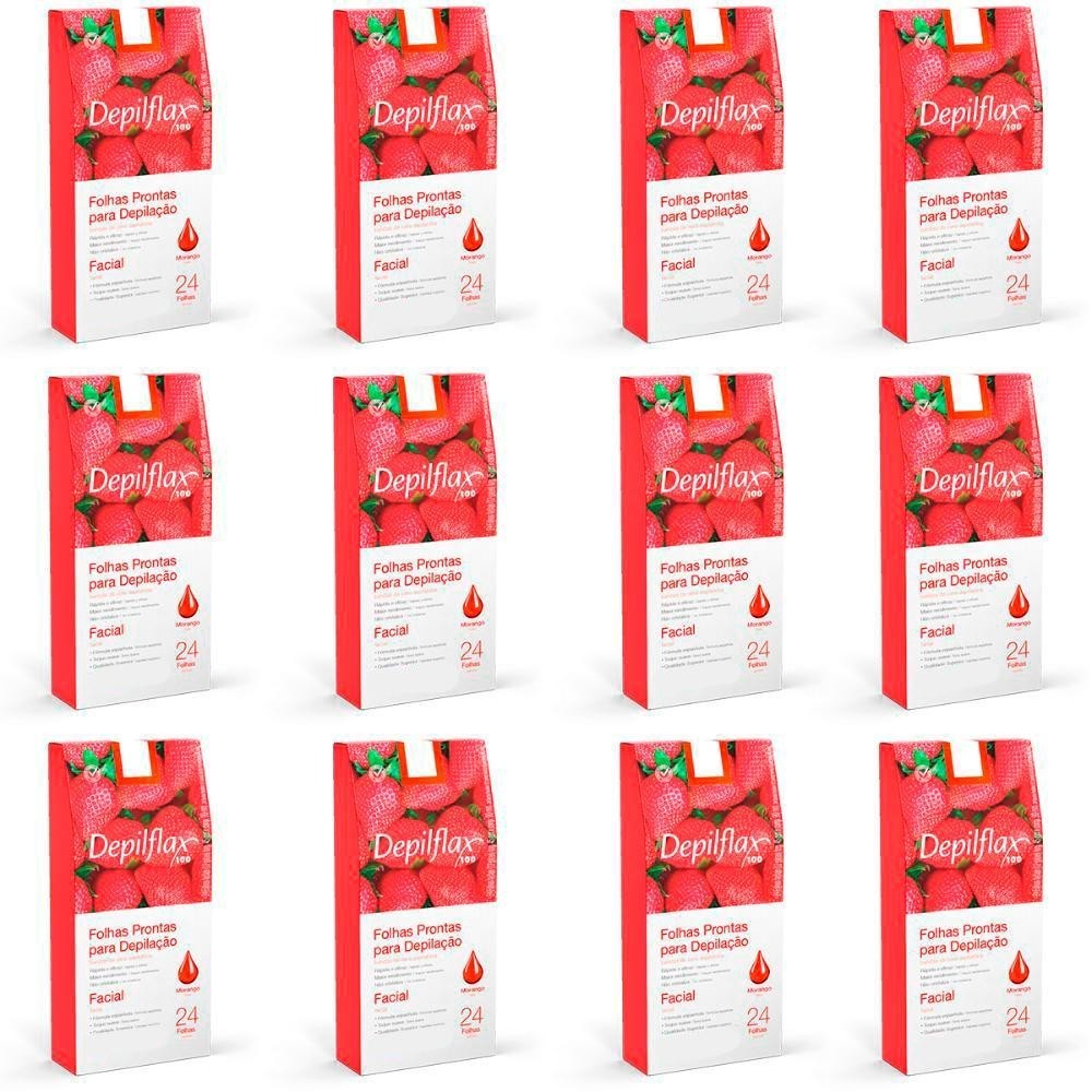Kit 12 Unidades Folhas Prontas Faciais para Depilação Depilflax Morango com 24 Folhas