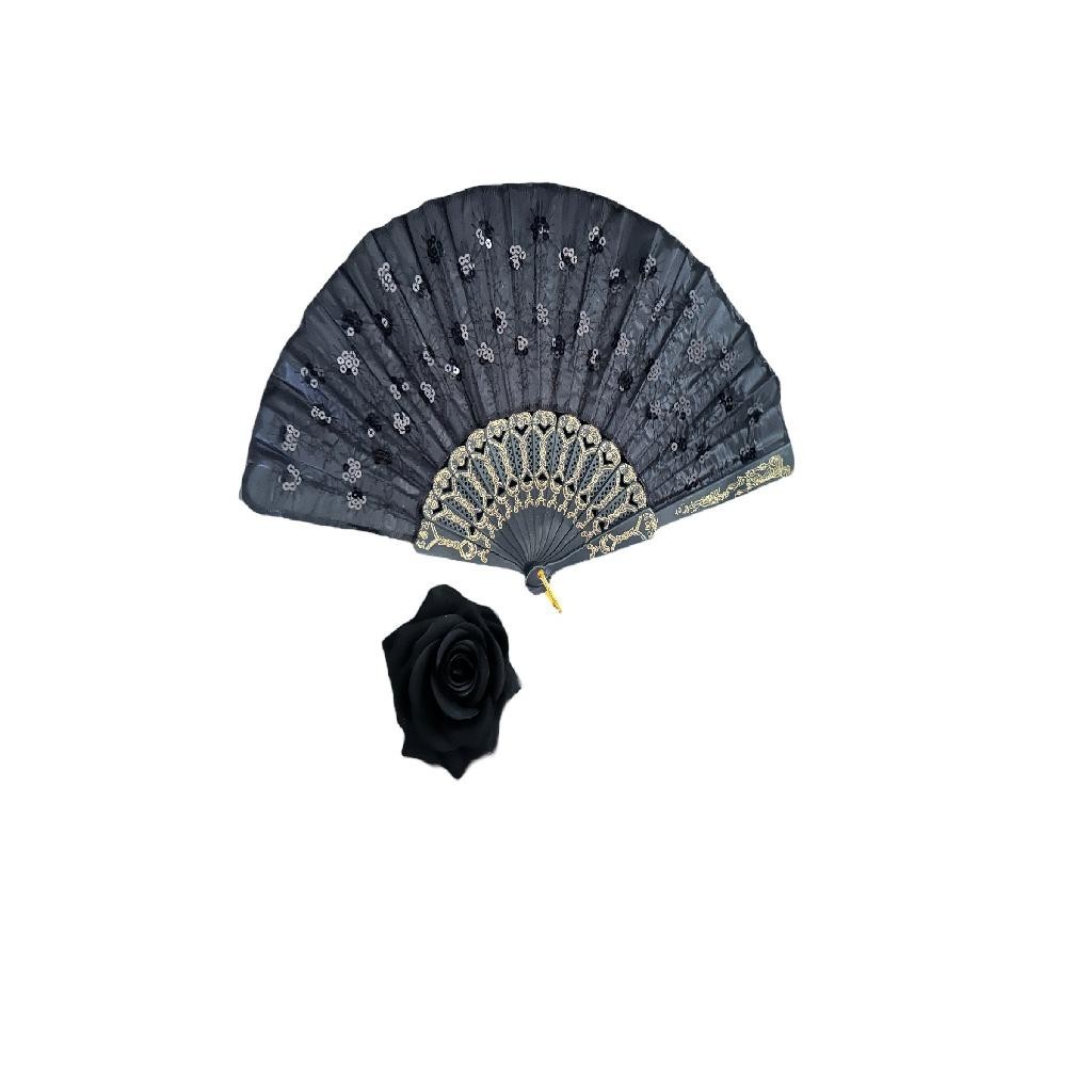 Leque + Rosa De Cabelo Veludo Pomba Gira Ciganas Preto