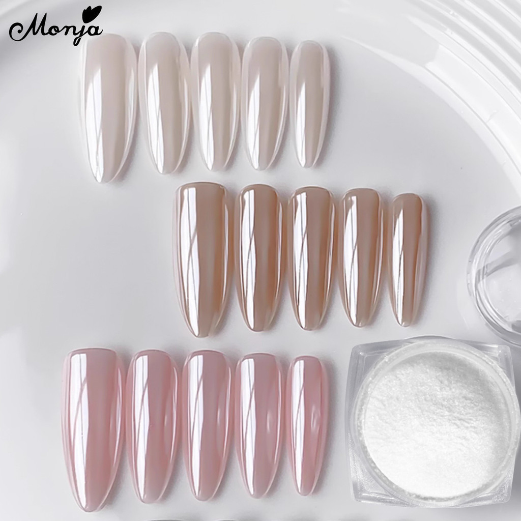 Monja White Pearl Powder Nail Glitter Plating Rubbing Chrome Pigmento Brilhante Metálico Efeito Brilhante DIY Manicure Design Brush Tool