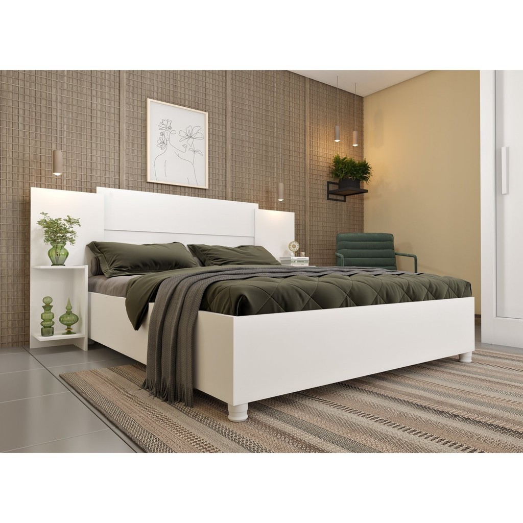Cama Box Casal Queen 203cmx164cm Mônaco com Cabeceira Extensivel e 2 Mesas de Cabeceiras Neve - Home & Living