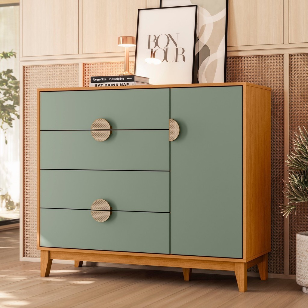 Cômoda Sapateira 1 Porta e 4 Gavetas Ipê Cinamomo/Sálvia - Home & Living