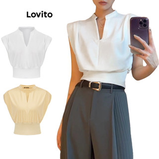 Lovito Casual Blusa Feminina Lisa Cropped Plissada Sem Mangas com Decote V L53AD013 (Multicolorido)