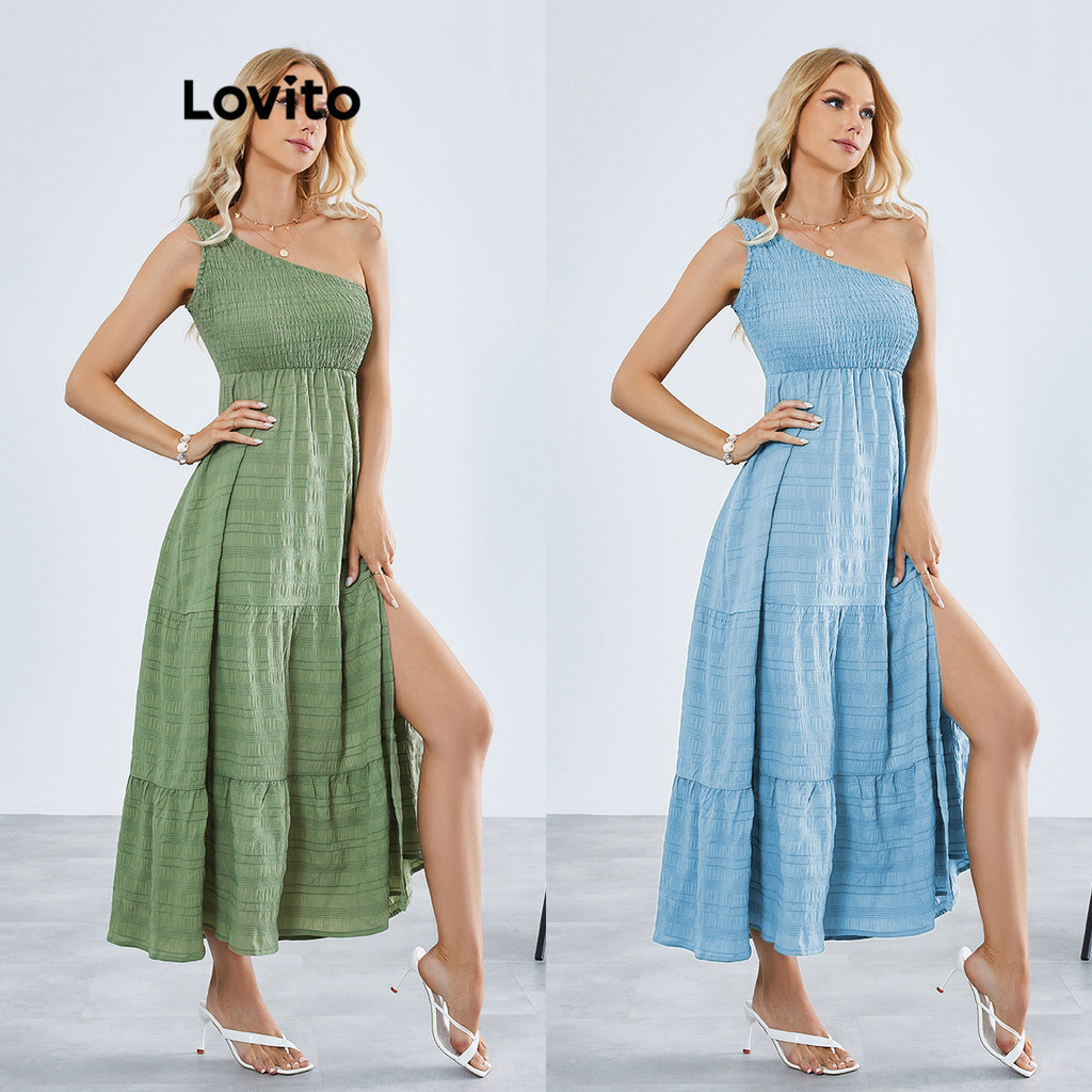 Lovito Boho Vestido com Babado Bata Assimétrico para Mulheres LBE01101 (Verde)