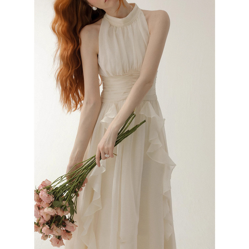 Temperamento vestido de pescoço vestido francês vestido branco vestido à beira-mar pequeno vestido de férias saia longa vestido feminino novo verão