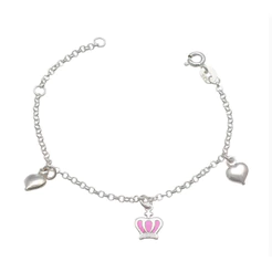 Pulseira infantil coroa rosa e coração - prata 925