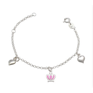 Pulseira infantil coroa rosa e coração - prata 925 em Oferta na Shopee