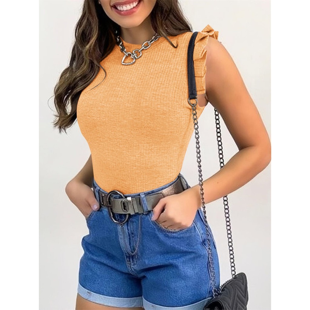 Blusa Feminina Canelado Manga Redondo Babados Blogueira Tendencia