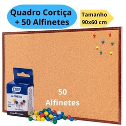 Quadro De Aviso Cortiça 90x60cm Moldura Madeira + 50 Alfinetes Mural Fotos Lembretes