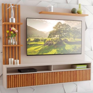 Painel para TV Até 65 Polegadas Dell 1 Porta 3 Prateleiras Ripado Off White/Mel - Viero Móveis em Oferta na Shopee