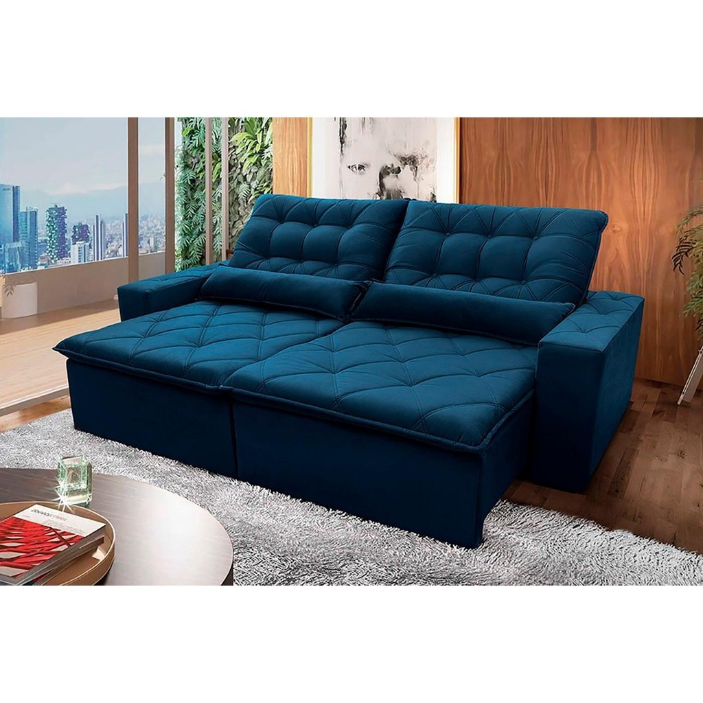 Sofá Retrátil Reclinável Islândia 2,70m Suede Velut Azul Marinho  Molas no Assento - King House - Home & Living