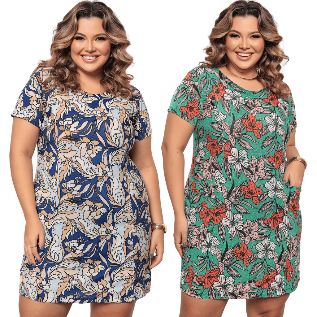 Kit 2 Vestido Plus Size Básico com Bolso Estampado Versátil