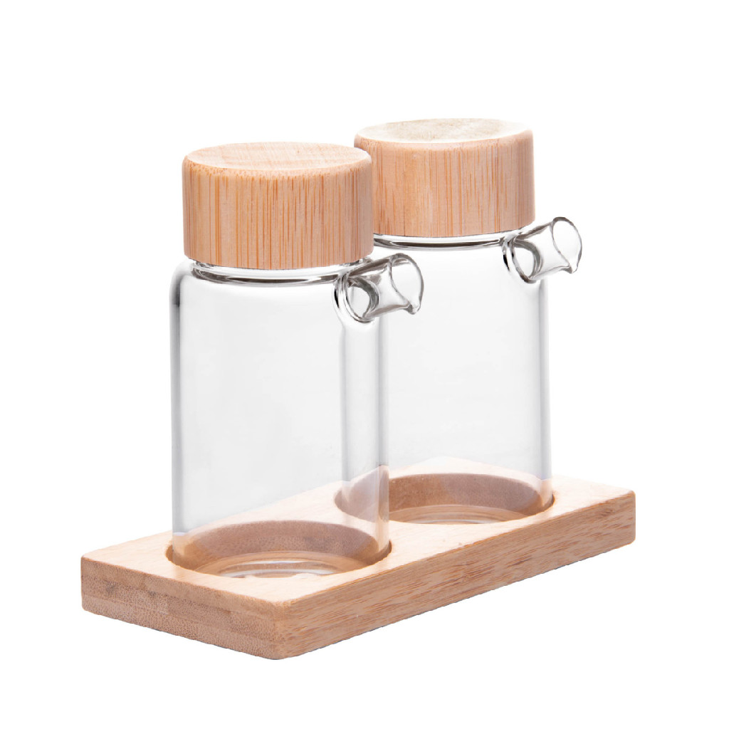 Jogo 2 Galheteiros de  Vidro Wolff com Tampa e Suporte de Bambu 170ml Mesa Posta Decorativa Vinagre Azeite Fofura Organização
