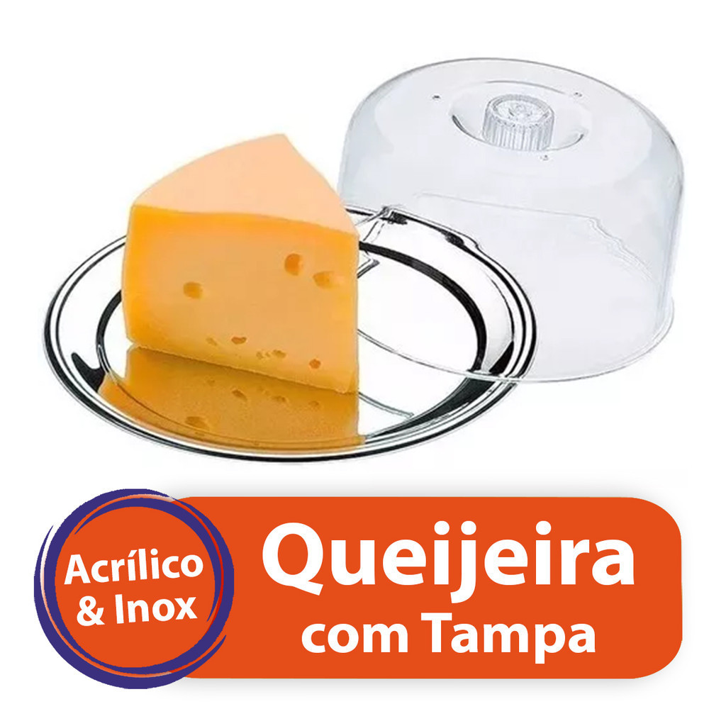 Porta Queijo Queijeira Prato Inox com Tampa Acrílico Bandeja 2 Peças Cúpula Gourmet