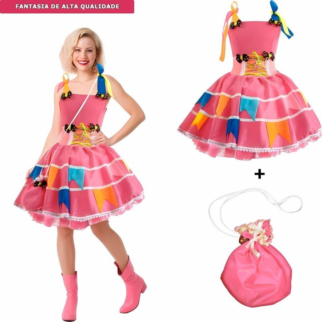 Vestido Rosa de Festa Junina pra Mulher Adulta de Luxo Rodado Com Bandeirinhas e Bolsa