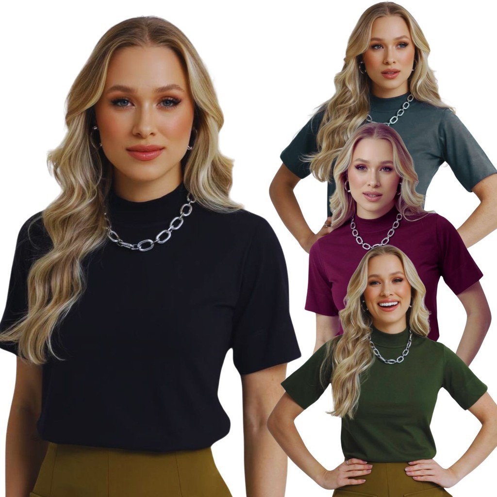 T-Shirt Feminina Camiseta Gola Alta Blusa 100% Algodão em Oferta na Shopee