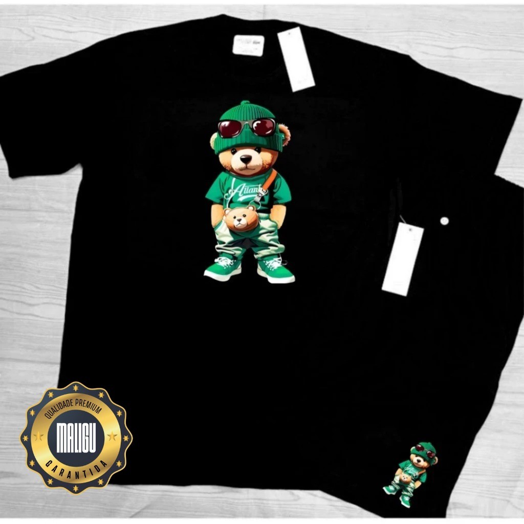 Conjunto Kit camiseta camisa verão 100% algodão 30,1 bermuda leve para caminhada e academia URSO ESTILOSO