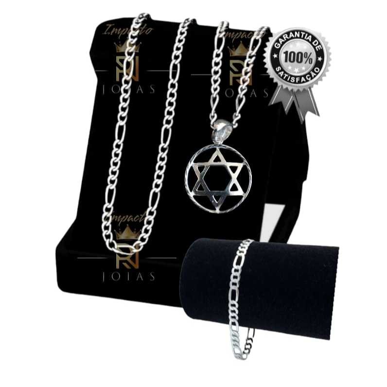 Corrente Masculina Mais Pulseira Banhada Prata Com Pingente Estrela de Davi Dia dos Pais Presente RN0006 003 003