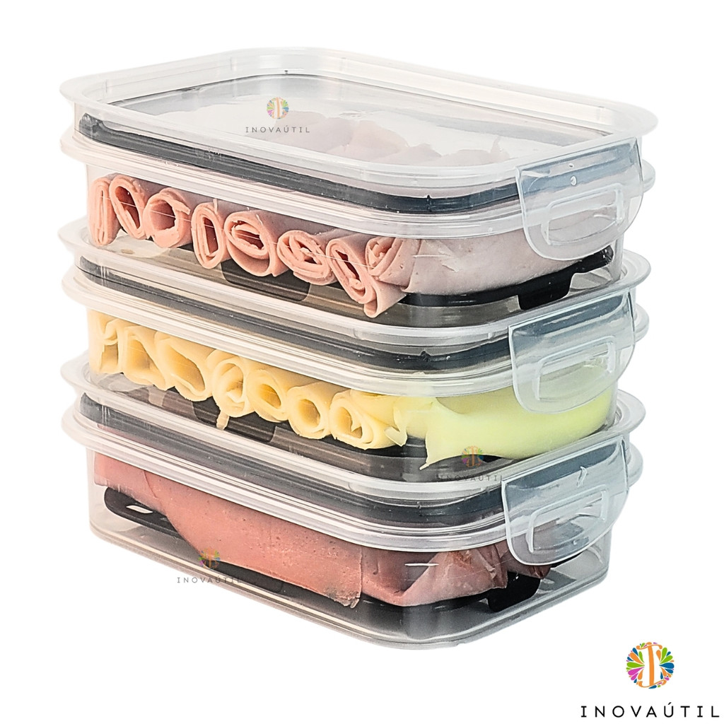 Porta Frios Com Escorredor Tela Kit 3 Peças Tampa Com Vedação Hermética Queijo Presunto Mortadela em Oferta na Shopee