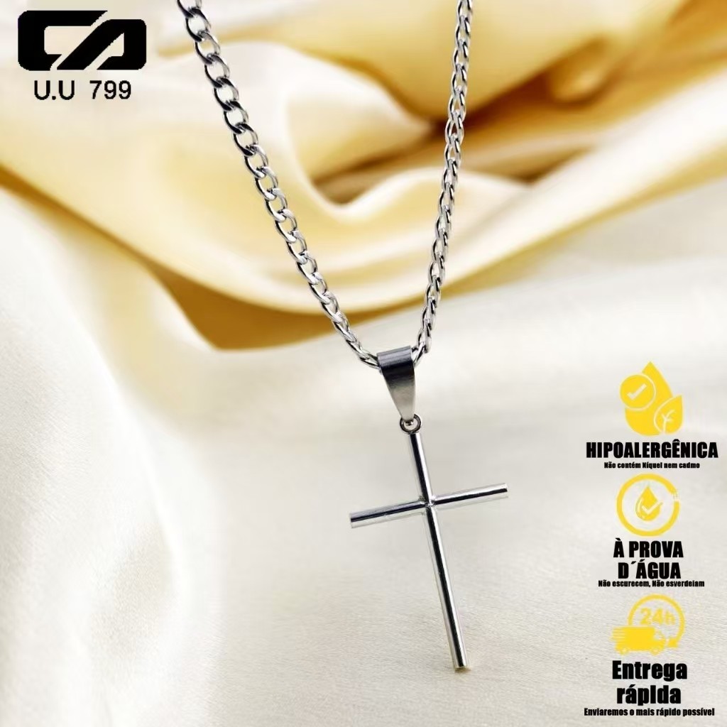 Boutique Conjunto elegante de colar e pulseira com corrente de prata e pingente de cruz de ouro