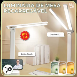 Luminária de Mesa Abajur Led Recarregável Portátil USB Duplo Led Botão Touch 3 Tons Luz Bivolt