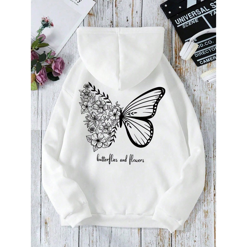 Moletom Blusa de Frio Feminino blusa com capuz e bolso estampa Borboleta moda inverno moda feminina lançamento