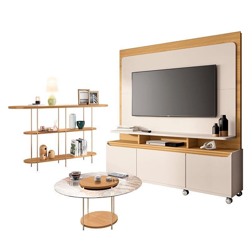 Estante Home Theater Quantum e Aparador Infinity e Mesa de Centro Sky com Tampo de Vidro Off White Cinamomo– HB Móveis